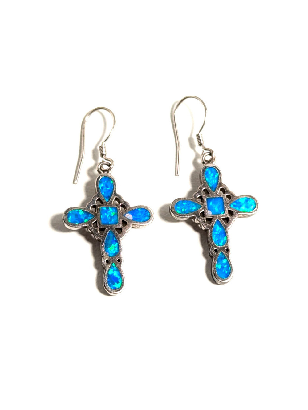 Sterling Silver 925 Blue Iridescent Turquoise Cross Dangle Earrings 4.58g
